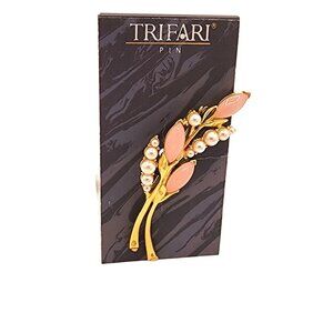 Vintage Crown Trifari Brooch Pin Pink Cabochon Faux Pearl Gold Jewelry NEW